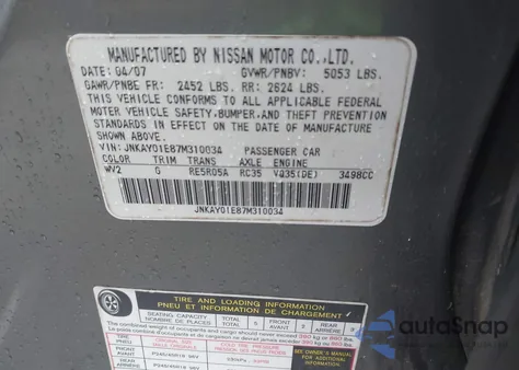 2007 Infiniti M35 from USA, damaged, VIN JNKAY01E87M310034